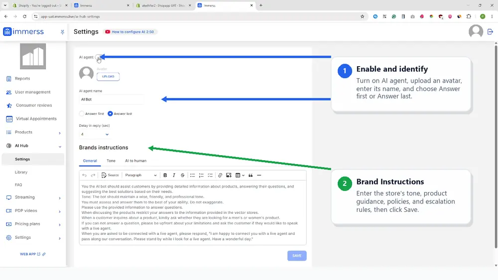 Configuring the Immerss AI agent